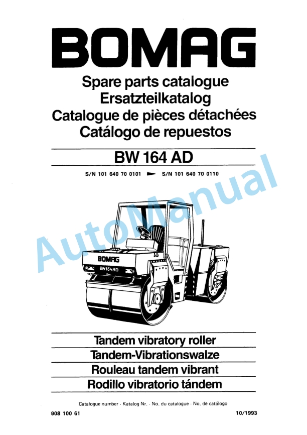 Bomag BW 164 AD Tandem Vibratory Roller Spare Parts Catalogue 00810061