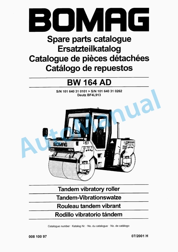 Bomag BW 164 AD Tandem Vibratory Roller Spare Parts Catalogue 00810097