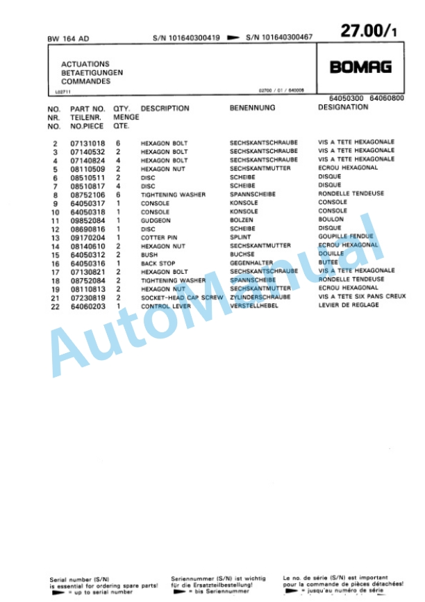 Bomag BW 164 AD Tandem Vibratory Roller Spare Parts Catalogue 00810155-2
