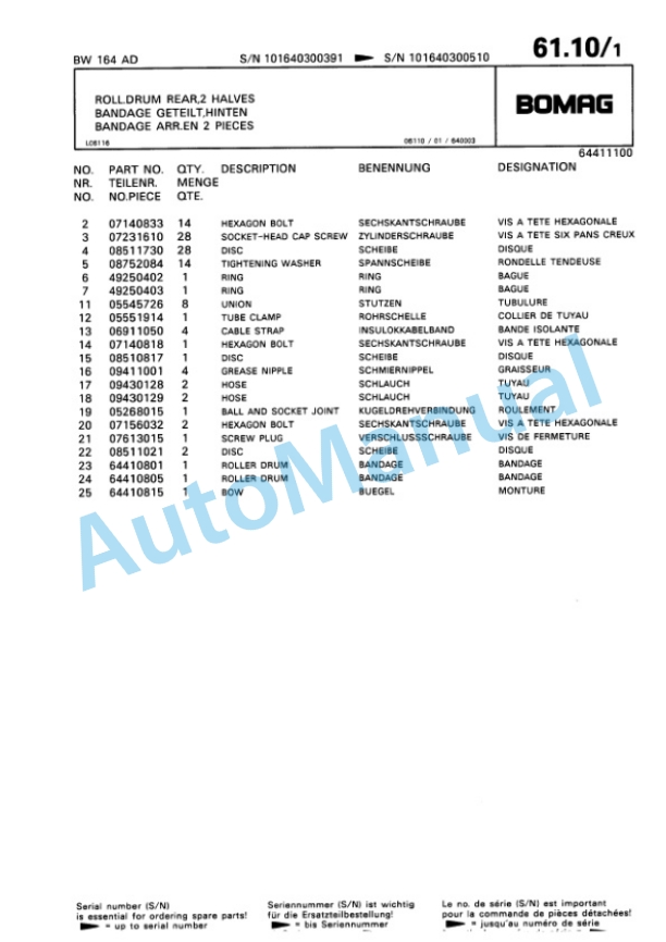 Bomag BW 164 AD Tandem Vibratory Roller Spare Parts Catalogue 00810155-4