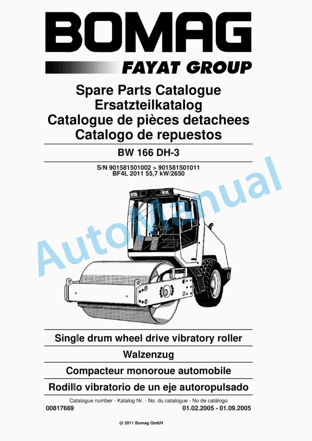 Bomag BW 166 DH-3 Single Drum Wheel Drive Vibratory Roller Spare Parts Catalogue 00817669