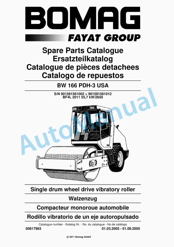 Bomag BW 166 PDH-3 USA Single Drum Wheel Drive Vibratory Roller Spare Parts Catalogue 00817963
