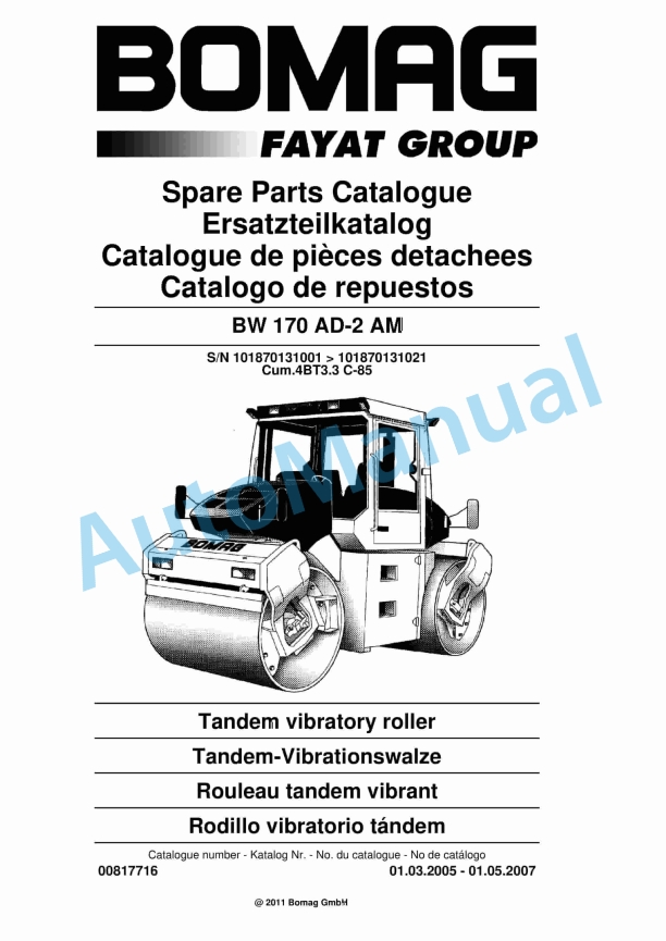 Bomag BW 170 AD-2 AM Tandem Vibratory Roller Spare Parts Catalogue 00817716