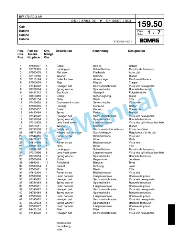 Bomag BW 170 AD-2 AM Tandem Vibratory Roller Spare Parts Catalogue 00817716-5