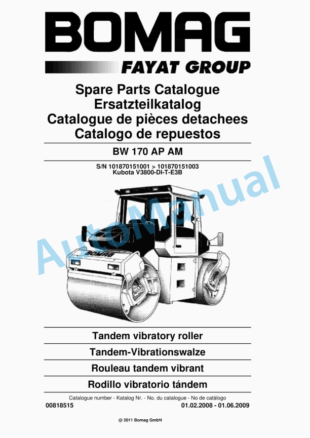 Bomag BW 170 AP AM Tandem Vibratory Roller Spare Parts Catalogue 00818515