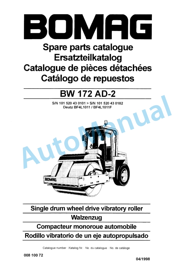 Bomag BW 172 AD-2 Single Drum Wheel Drive Vibratory Roller Spare Parts Catalogue 00810072