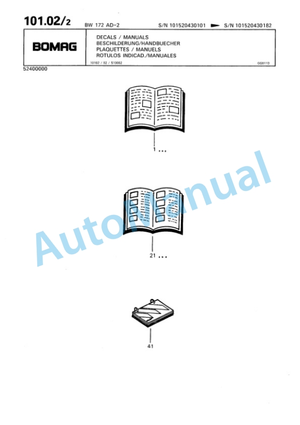 Bomag BW 172 AD-2 Single Drum Wheel Drive Vibratory Roller Spare Parts Catalogue 00810072-5