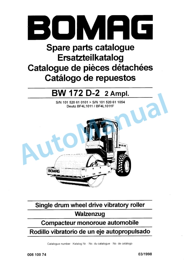 Bomag BW 172 D-2 2 Ampl Single Drum Wheel Drive Vibratory Roller Spare Parts Catalogue 00810074