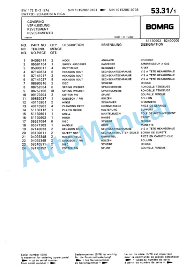 Bomag BW 172 D-2 2 Ampl Single Drum Wheel Drive Vibratory Roller Spare Parts Catalogue 00810074-2
