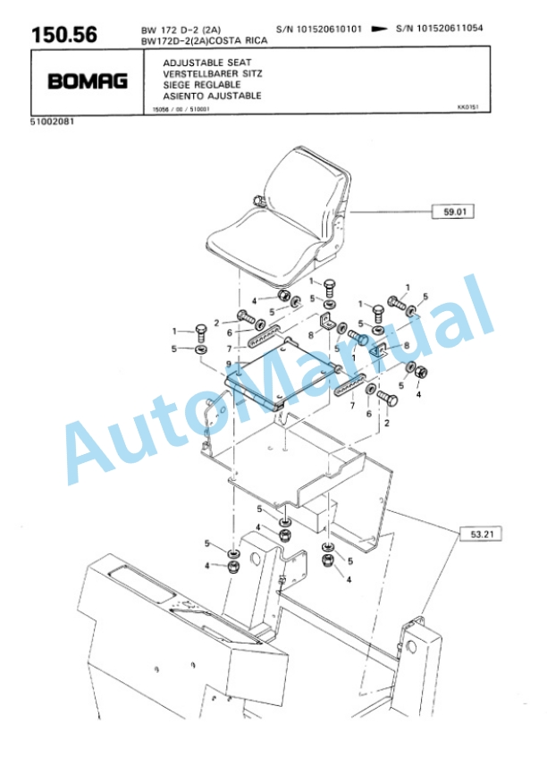 Bomag BW 172 D-2 2 Ampl Single Drum Wheel Drive Vibratory Roller Spare Parts Catalogue 00810074-5