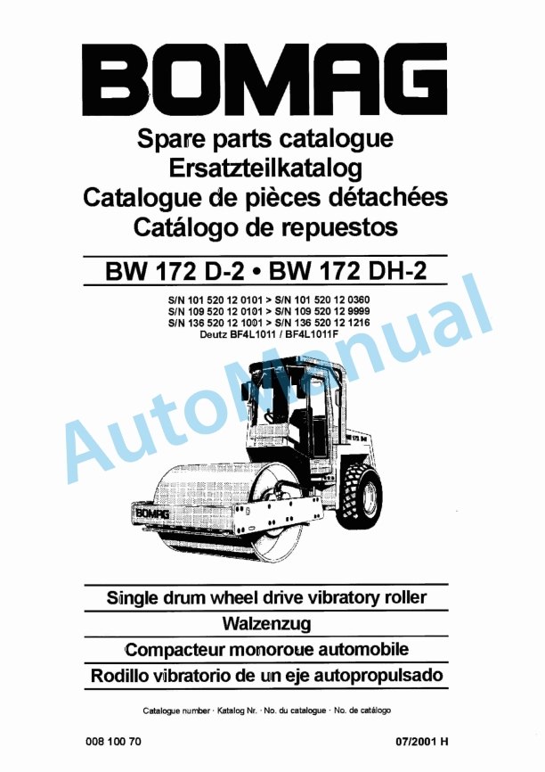 Bomag BW 172 D-2, BW 172 DH-2 Single Drum Wheel Drive Vibratory Roller Spare Parts Catalogue 00810070