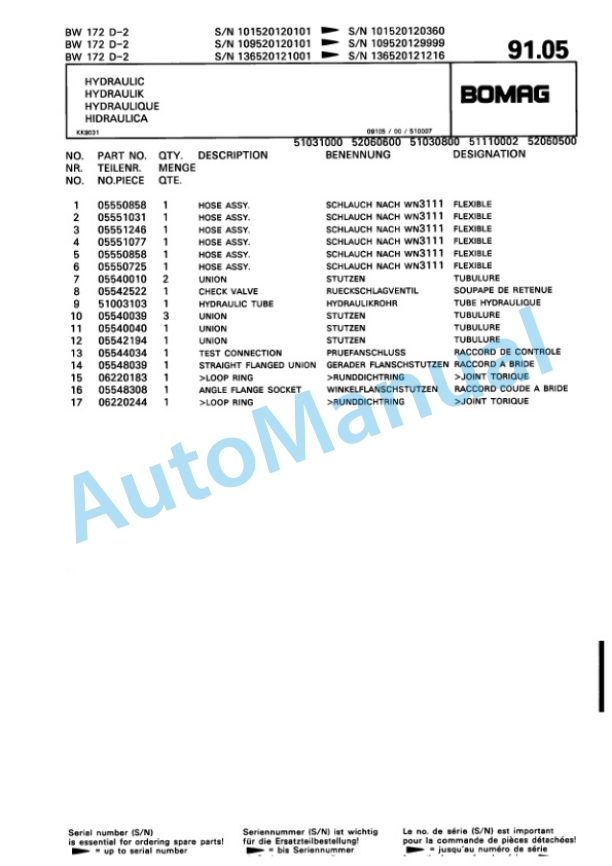 Bomag BW 172 D-2, BW 172 DH-2 Single Drum Wheel Drive Vibratory Roller Spare Parts Catalogue 00810070-3