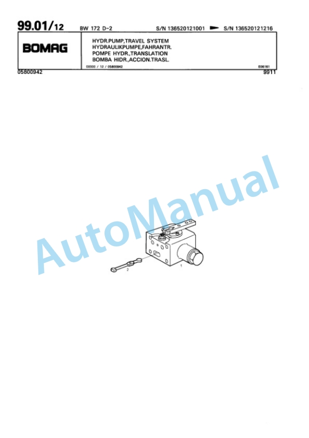 Bomag BW 172 D-2, BW 172 DH-2 Single Drum Wheel Drive Vibratory Roller Spare Parts Catalogue 00810070-4