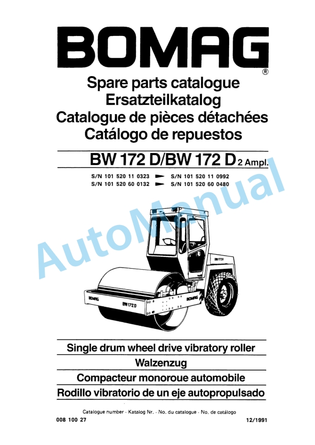 Bomag BW 172 D, BW 172 D2 Ampl Single Drum Wheel Drive Vibratory Roller Spare Parts Catalogue 00810027