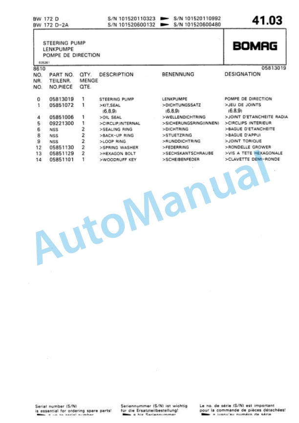Bomag BW 172 D, BW 172 D2 Ampl Single Drum Wheel Drive Vibratory Roller Spare Parts Catalogue 00810027-3