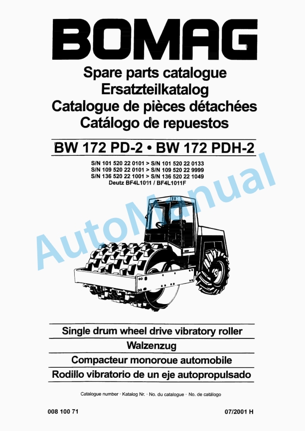 Bomag BW 172 PD-2, BW 172 PDH-2 Single Drum Wheel Drive Vibratory Roller Spare Parts Catalogue 00810071