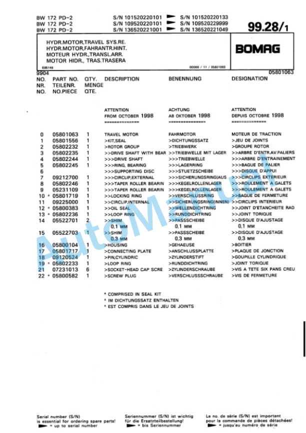 Bomag BW 172 PD-2, BW 172 PDH-2 Single Drum Wheel Drive Vibratory Roller Spare Parts Catalogue 00810071-4