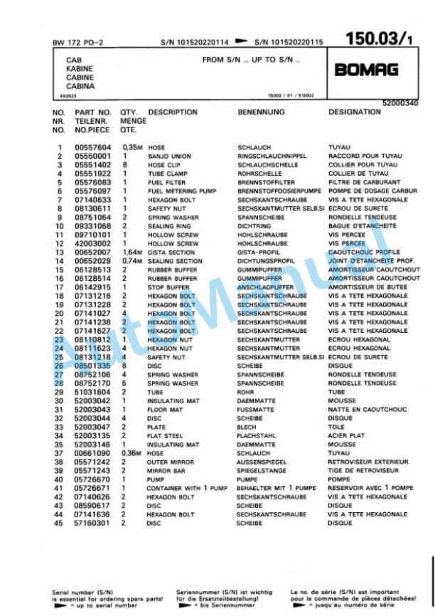 Bomag BW 172 PD-2, BW 172 PDH-2 Single Drum Wheel Drive Vibratory Roller Spare Parts Catalogue 00810071-5