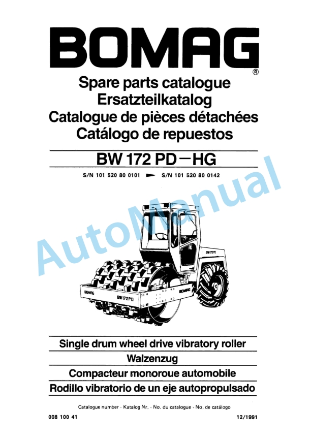 Bomag BW 172 PD-HG Single Drum Wheel Drive Vibratory Roller Spare Parts Catalogue 00810041