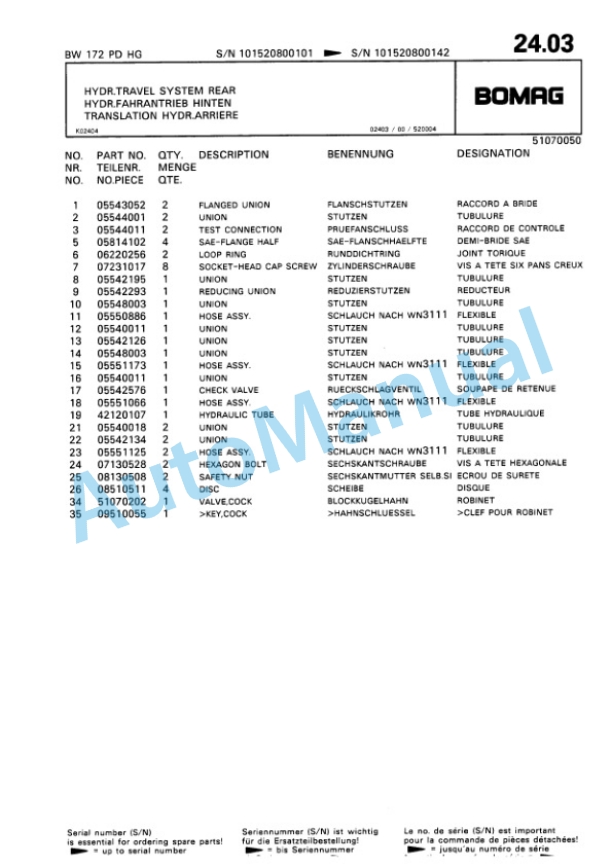 Bomag BW 172 PD-HG Single Drum Wheel Drive Vibratory Roller Spare Parts Catalogue 00810041-2