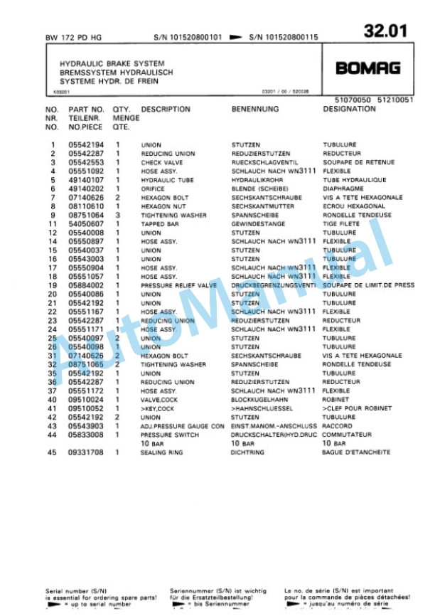 Bomag BW 172 PD-HG Single Drum Wheel Drive Vibratory Roller Spare Parts Catalogue 00810041-3