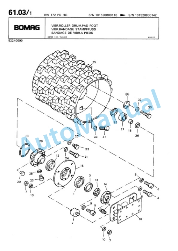 Bomag BW 172 PD-HG Single Drum Wheel Drive Vibratory Roller Spare Parts Catalogue 00810041-5