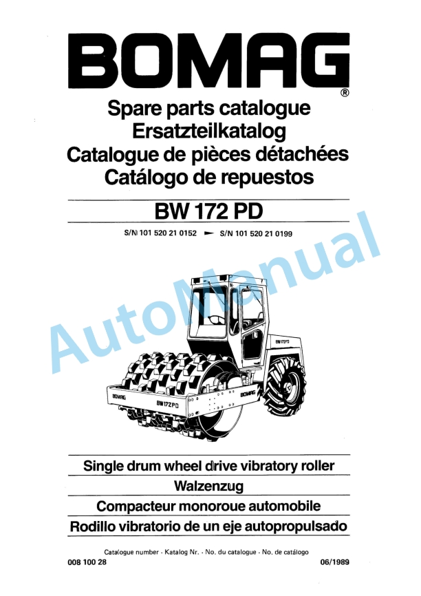 Bomag BW 172 PD Single Drum Wheel Drive Vibratory Roller Spare Parts Catalogue 00810028