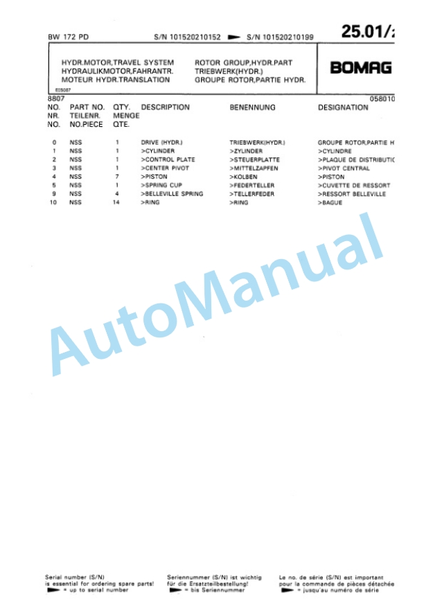 Bomag BW 172 PD Single Drum Wheel Drive Vibratory Roller Spare Parts Catalogue 00810028-2
