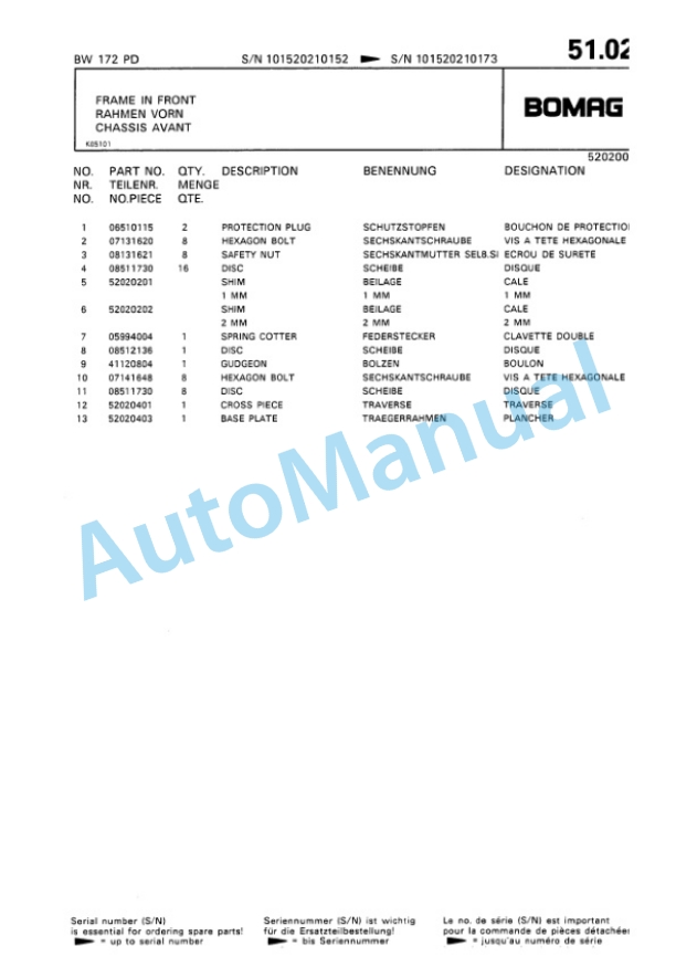 Bomag BW 172 PD Single Drum Wheel Drive Vibratory Roller Spare Parts Catalogue 00810028-3