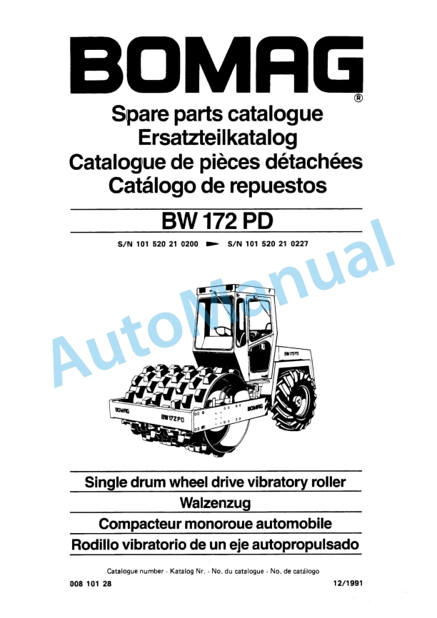 Bomag BW 172 PD Single Drum Wheel Drive Vibratory Roller Spare Parts Catalogue 00810128