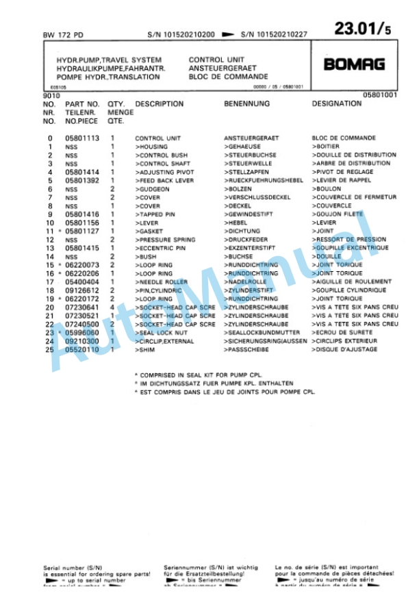 Bomag BW 172 PD Single Drum Wheel Drive Vibratory Roller Spare Parts Catalogue 00810128-2