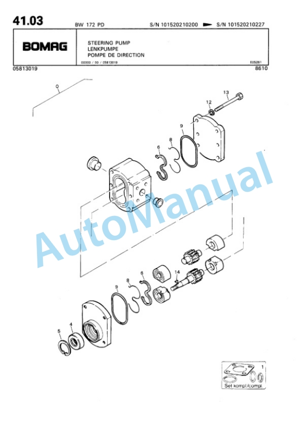 Bomag BW 172 PD Single Drum Wheel Drive Vibratory Roller Spare Parts Catalogue 00810128-3