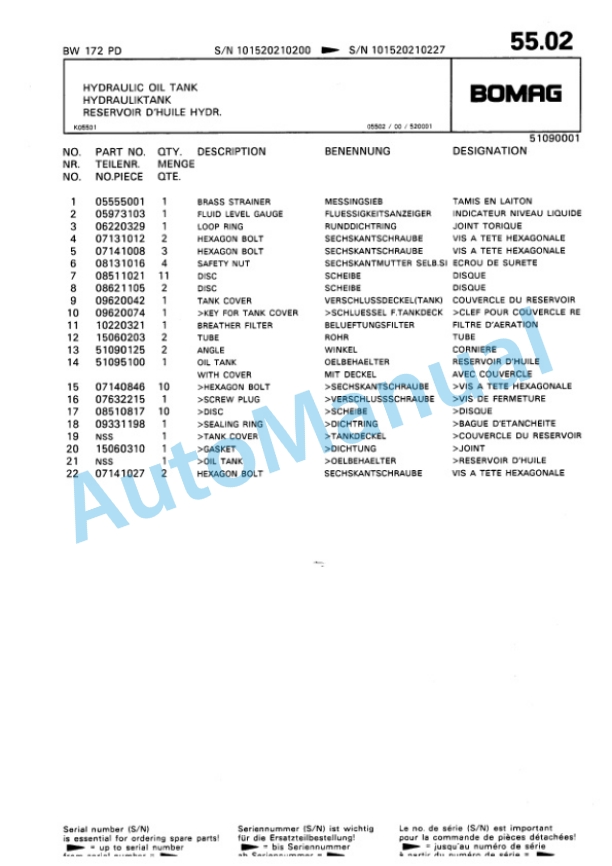Bomag BW 172 PD Single Drum Wheel Drive Vibratory Roller Spare Parts Catalogue 00810128-4