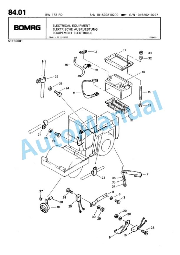 Bomag BW 172 PD Single Drum Wheel Drive Vibratory Roller Spare Parts Catalogue 00810128-5