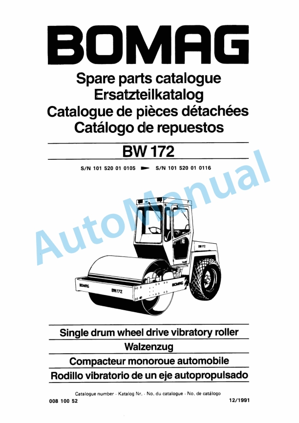 Bomag BW 172 Single Drum Wheel Drive Vibratory Roller Spare Parts Catalogue 00810052
