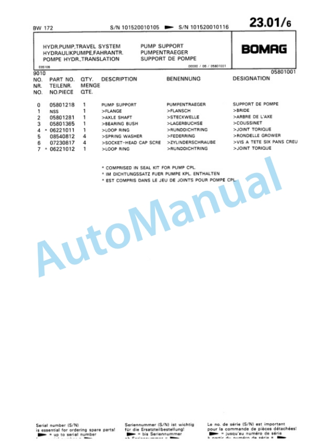 Bomag BW 172 Single Drum Wheel Drive Vibratory Roller Spare Parts Catalogue 00810052-2