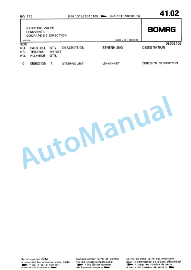 Bomag BW 172 Single Drum Wheel Drive Vibratory Roller Spare Parts Catalogue 00810052-3
