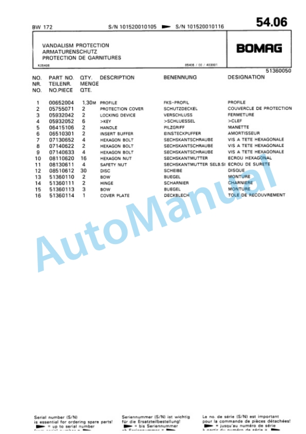 Bomag BW 172 Single Drum Wheel Drive Vibratory Roller Spare Parts Catalogue 00810052-4