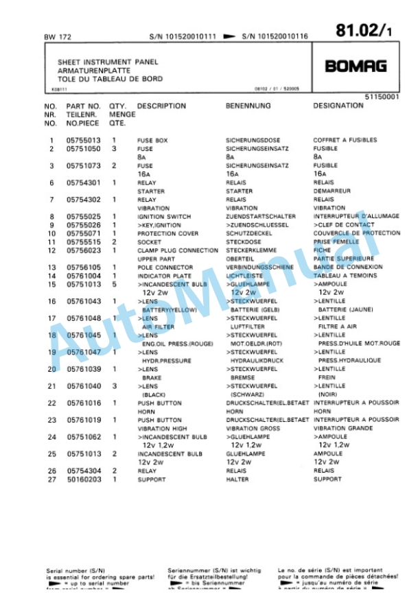 Bomag BW 172 Single Drum Wheel Drive Vibratory Roller Spare Parts Catalogue 00810052-5