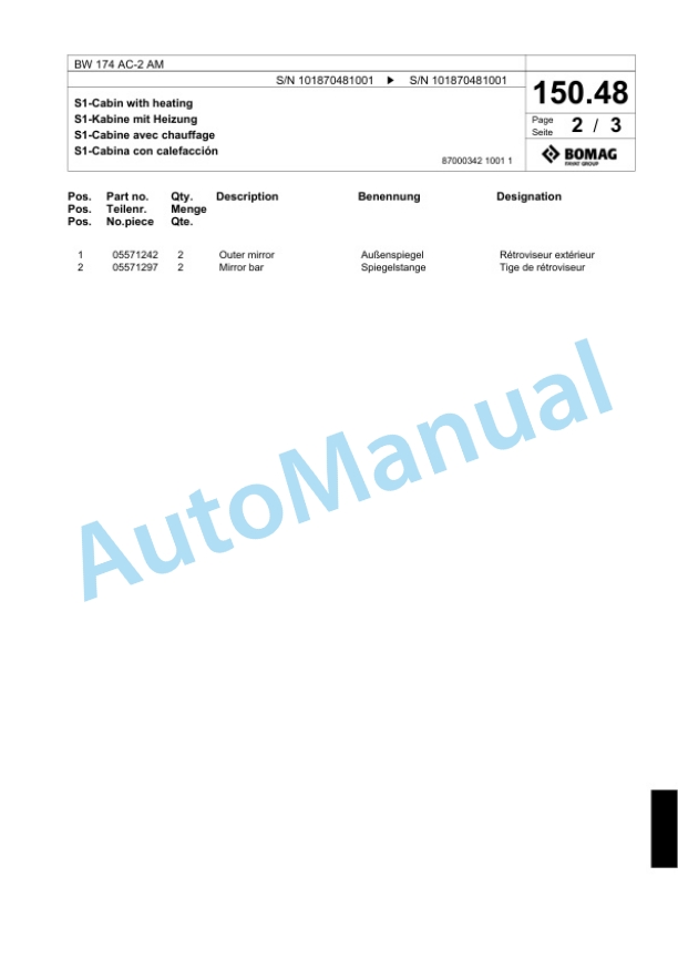 Bomag BW 174 AC-2 AM Combination Roller Spare Parts Catalogue 00817714-4