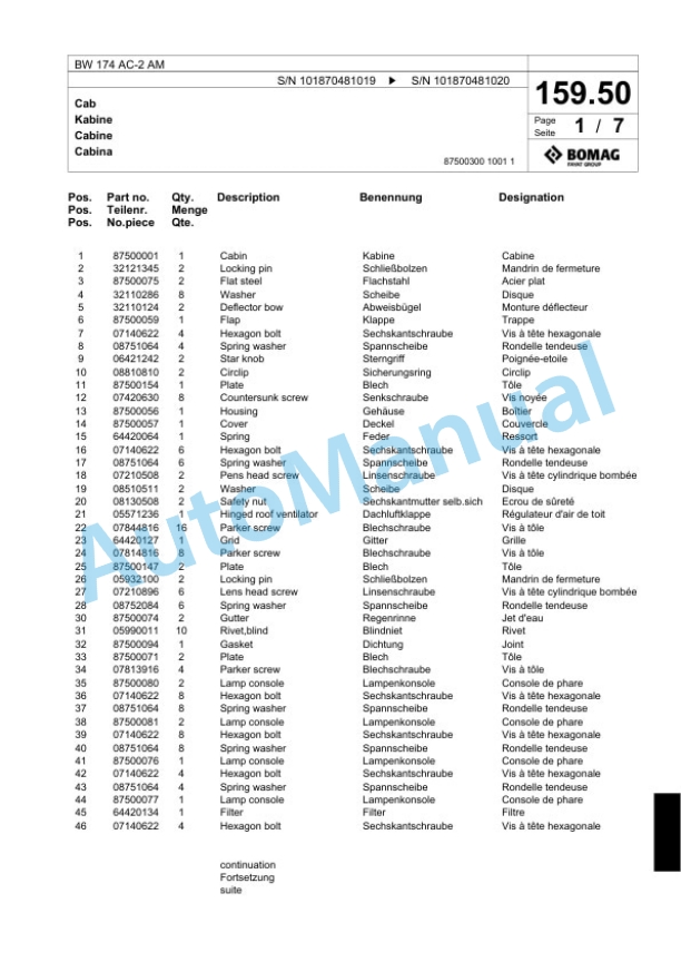 Bomag BW 174 AC-2 AM Combination Roller Spare Parts Catalogue 00817714-5