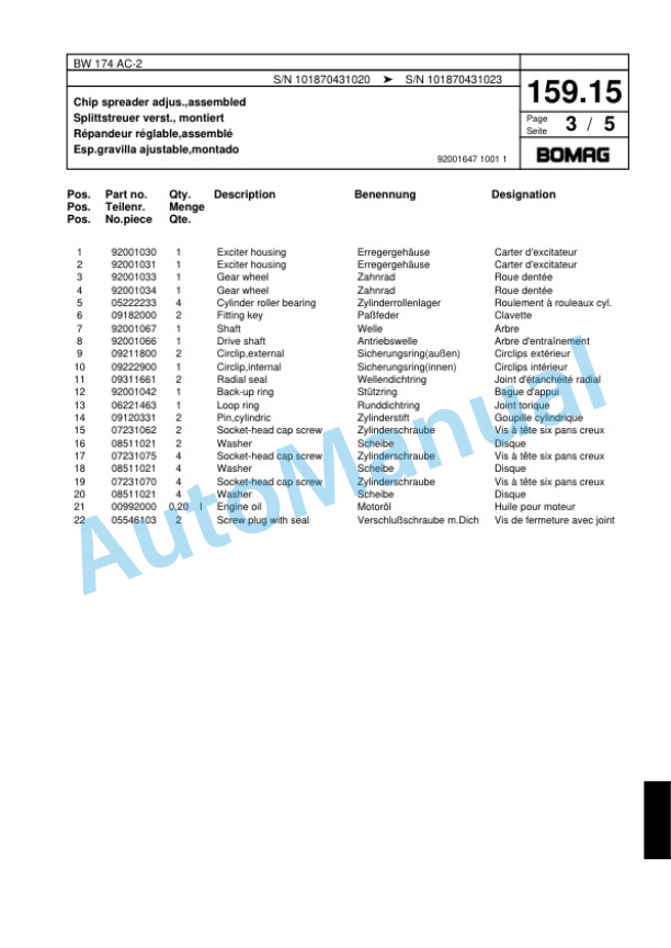 Bomag BW 174 AC-2 Combination Roller Spare Parts Catalogue 00817712-5