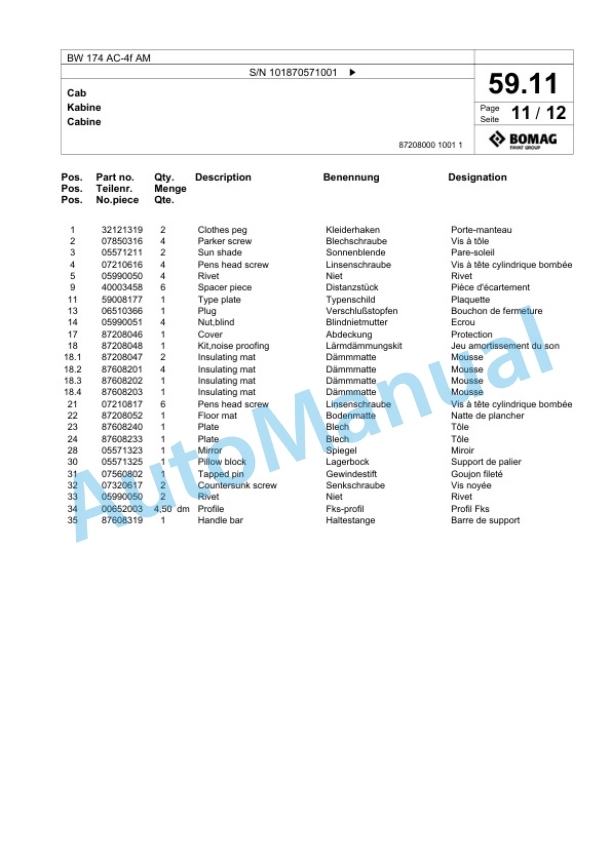 Bomag BW 174 AC-4f AM Tandem Vibratory Roller Spare Parts Catalogue 00825105-2