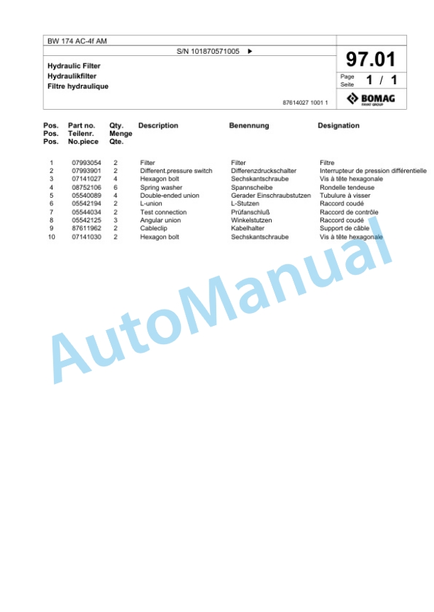 Bomag BW 174 AC-4f AM Tandem Vibratory Roller Spare Parts Catalogue 00825105-3