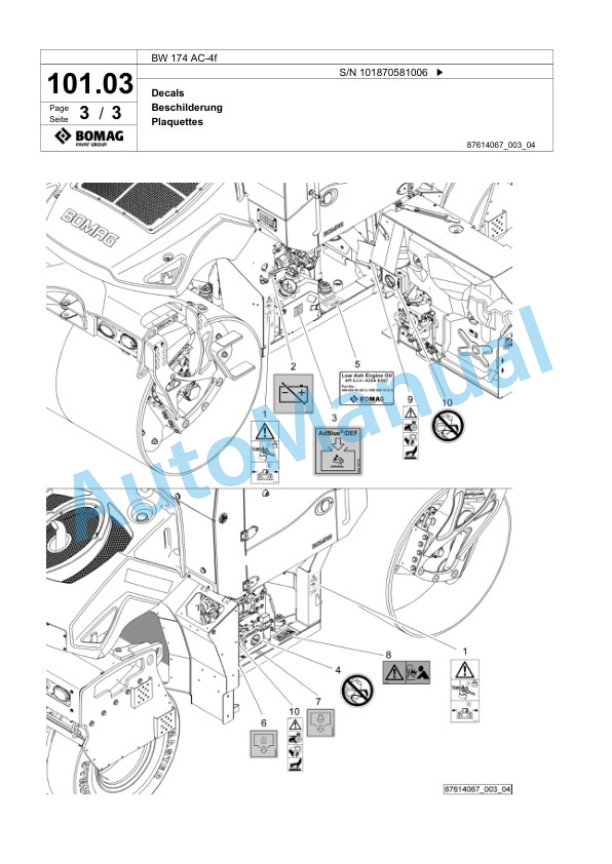 Bomag BW 174 AC-4f Tandem Vibratory Roller Spare Parts Catalogue 00825107-4