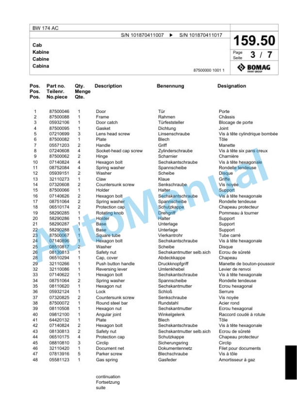 Bomag BW 174 AC Combination Roller Spare Parts Catalogue 00817499-5
