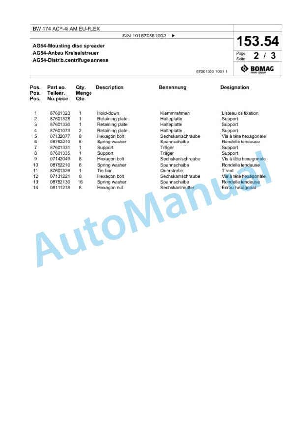 Bomag BW 174 ACP-4i AM EU-FLEX Tandem Vibratory Roller Spare Parts Catalogue 00825103-4
