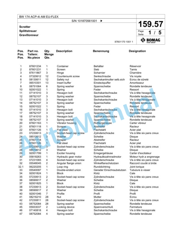 Bomag BW 174 ACP-4i AM EU-FLEX Tandem Vibratory Roller Spare Parts Catalogue 00825103-5