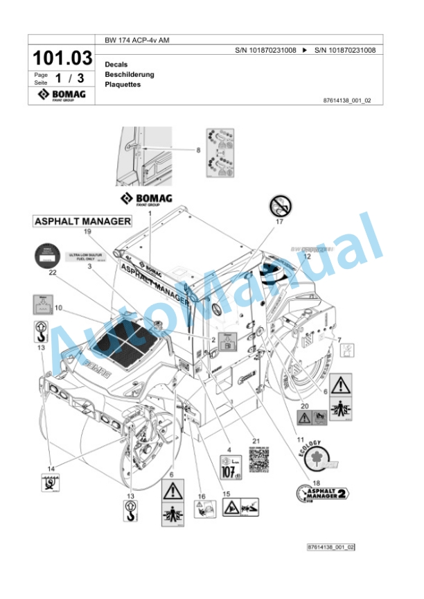 Bomag BW 174 ACP-4v AM Combination Roller Spare Parts Catalogue 00825823-3