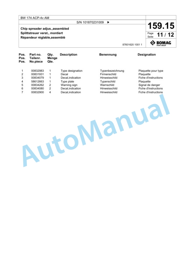 Bomag BW 174 ACP-4v AM Combination Roller Spare Parts Catalogue 00825823-5
